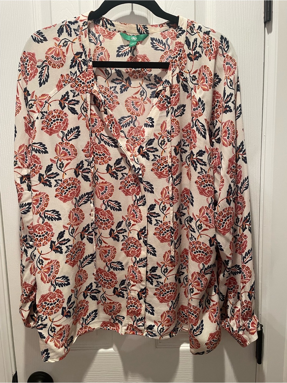 dip Cream Blouse with Coral Floral & Navy Leaves